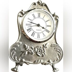 ETAIN ZINN PEWTER Silver Made in France Floral Table Desk Clock Floral Handcraft